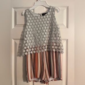 Amy Byer Floral Lace Top Romper - White and Multicolor Stripes